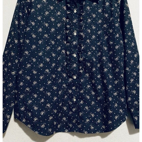 Chaps Denim Top Womens XL Navy Blue Floral Ruffle Trim Long Sleeve Button Up - Picture 3 of 7